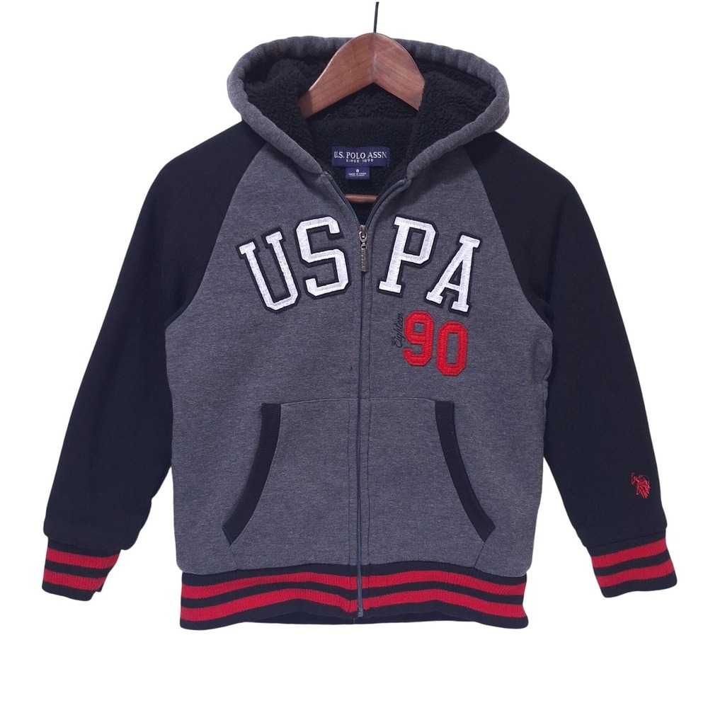 US Polo Assn Sherpa Lined Hoodie Jacket Zip Up Plush‎ Kids 8 Grey Black Red